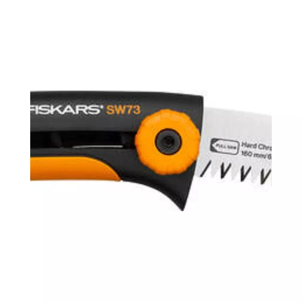 Schwarzer Sägegriff mit orangefarbenem Einstellrad und Metallsägeblatt.