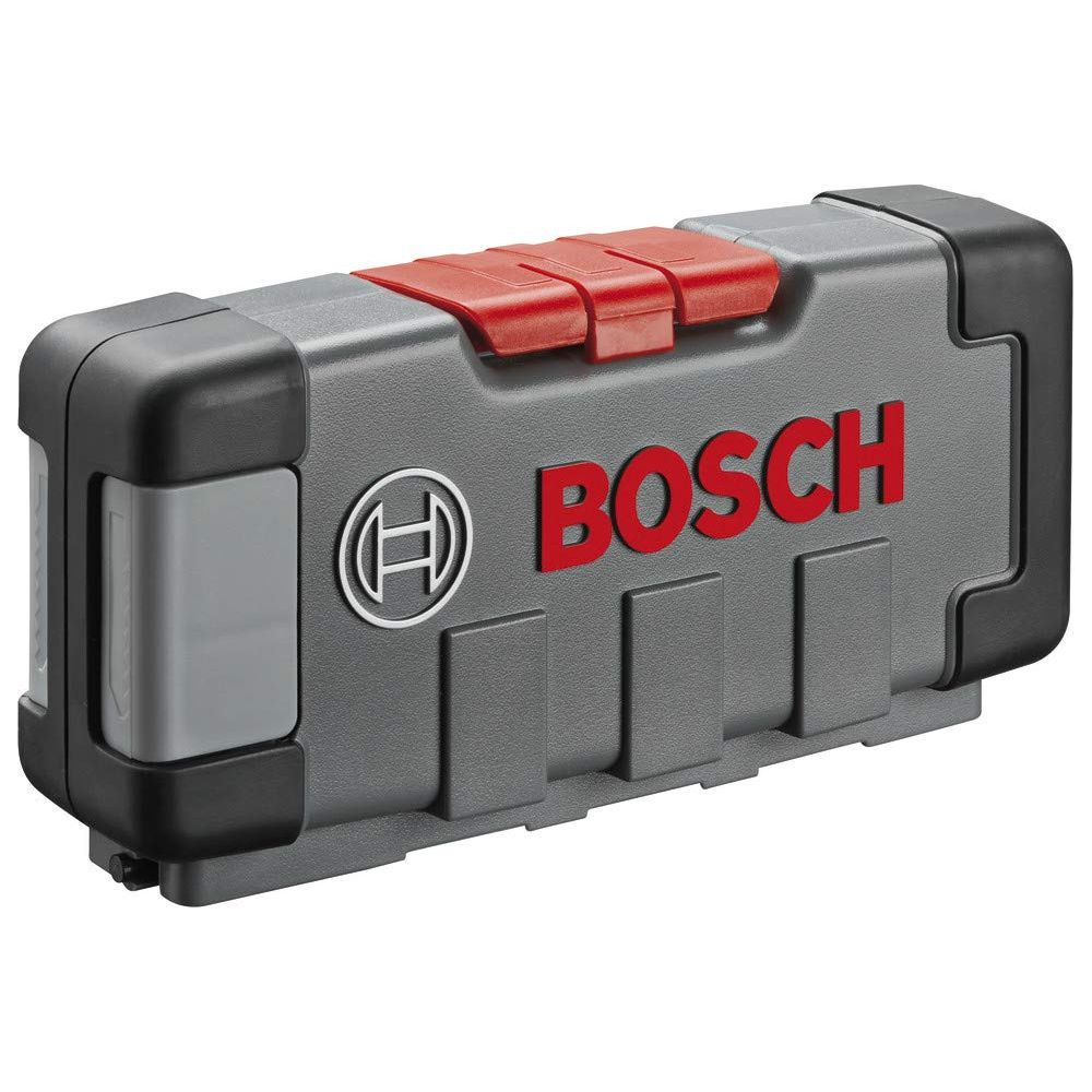 Szara skrzynka na narzędzia Bosch z czerwonym uchwytem.