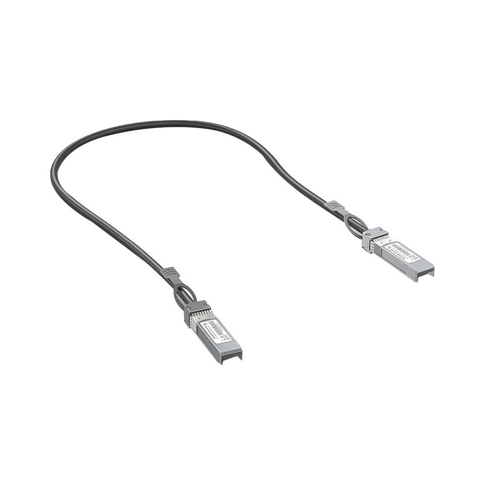 Czarny kabel z dwoma srebrnymi złączami transceiver połączonymi pętlą.