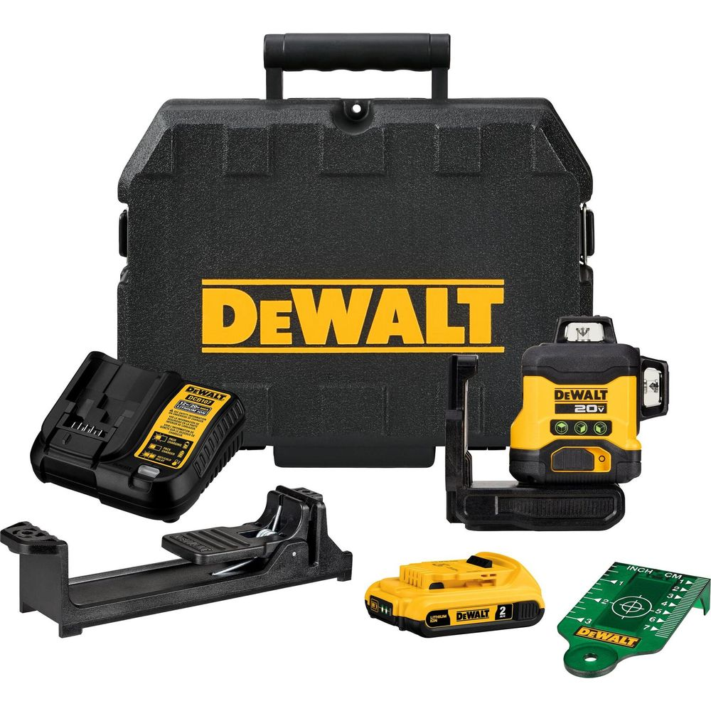 DeWalt Laser-Nivelliergerät mit Koffer, Ladegerät, Akku, Halterung und Messlineal.