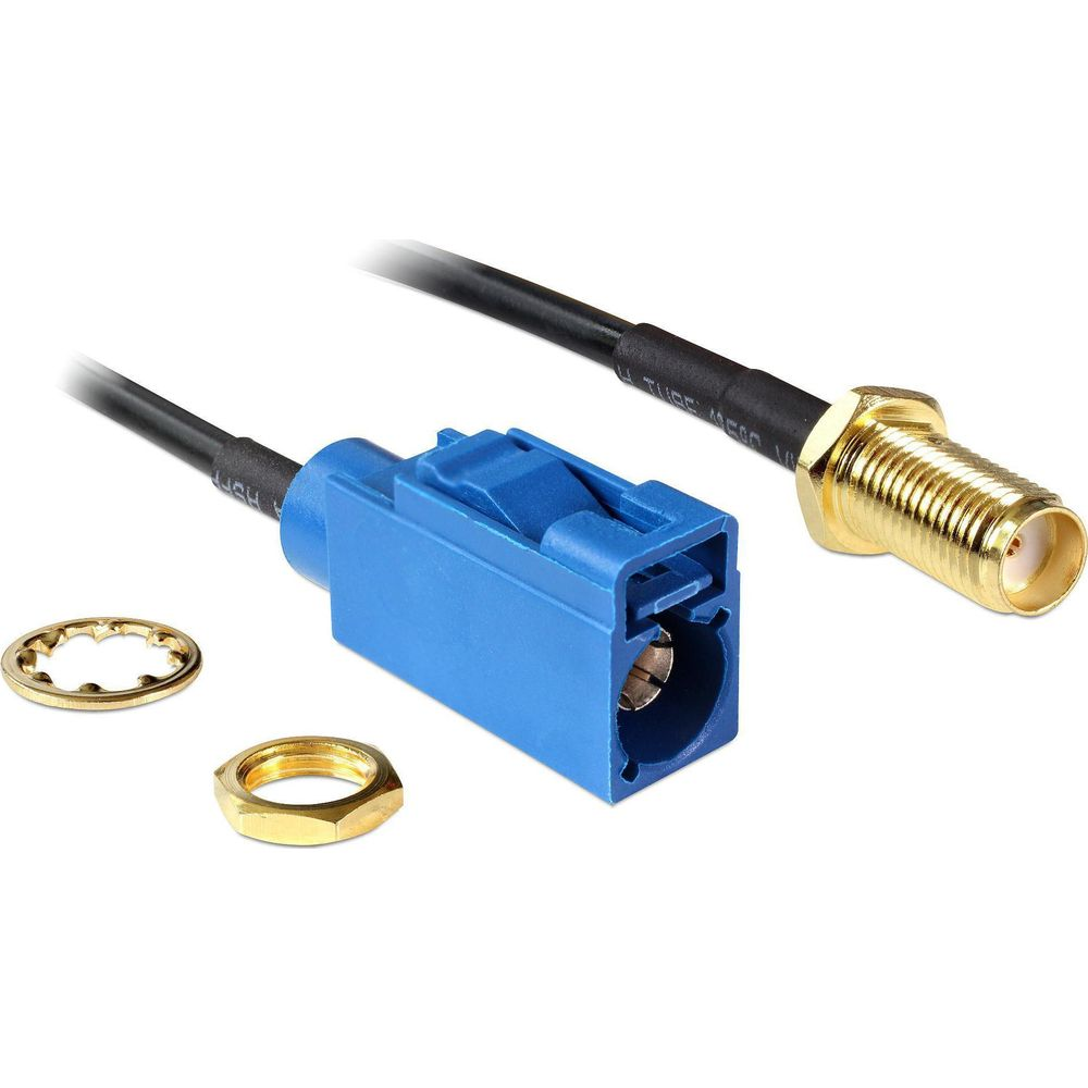 Ein blauer Stecker mit schwarzem Kabel und einem goldenen SMA-Anschluss daneben.
