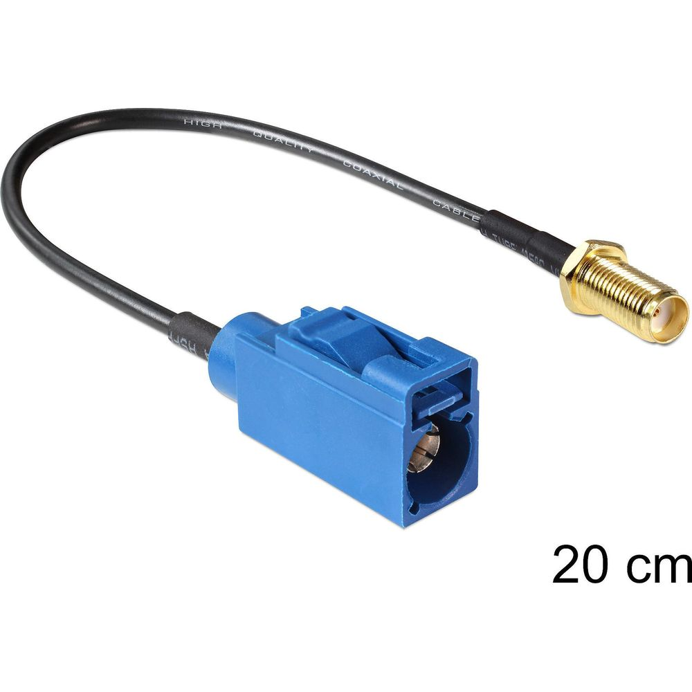Ein blaues Steckergehäuse mit einem koaxialen Kabel und einem goldenen SMA-Anschluss.