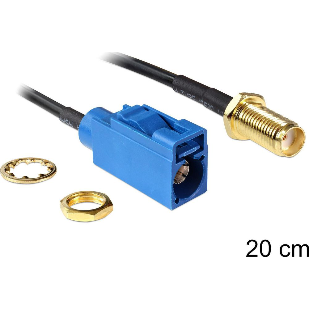 Ein blaues Kabel mit SMA-Stecker, Unterlegscheibe und Mutter.