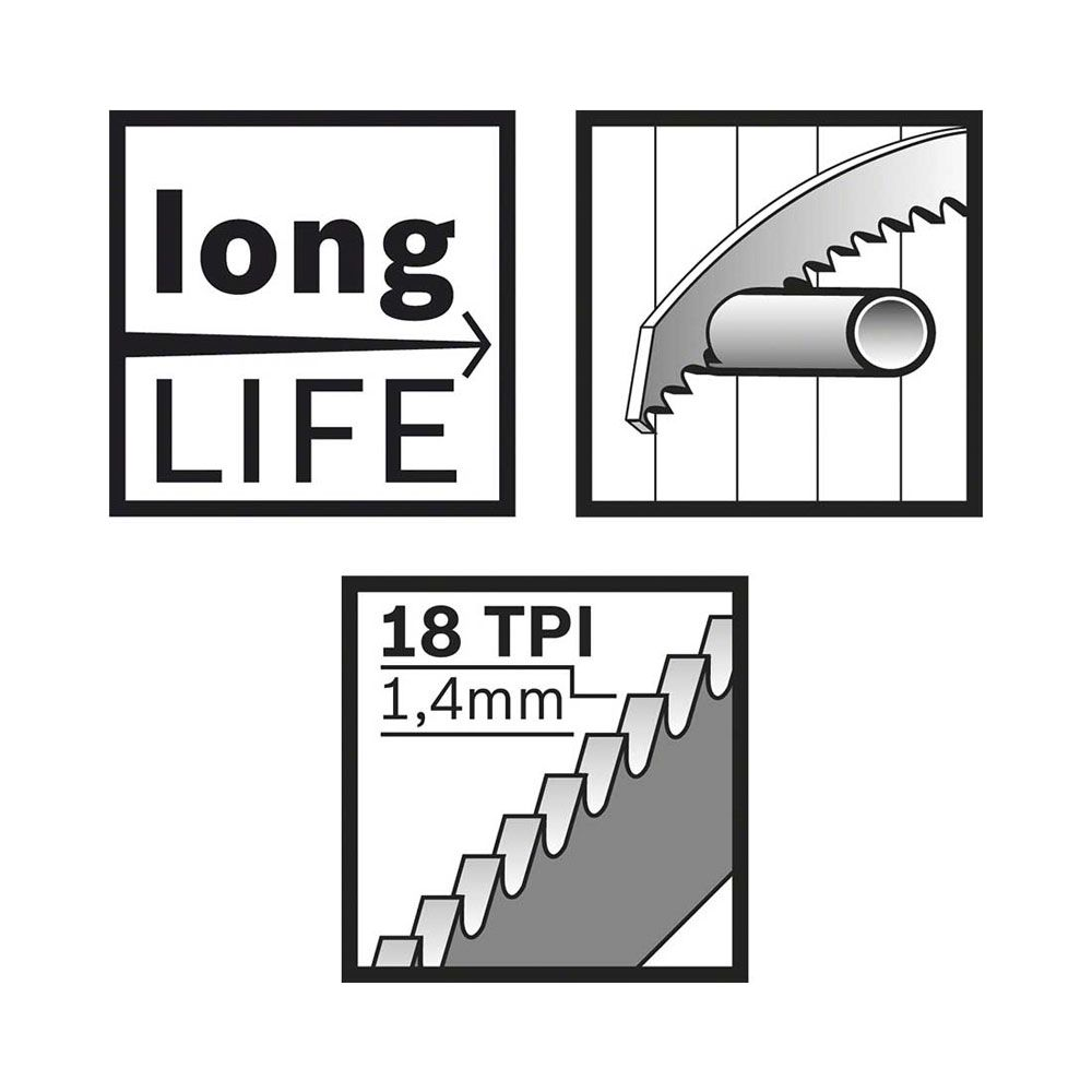 Diagram shows 'long LIFE' and saw blade specifications.