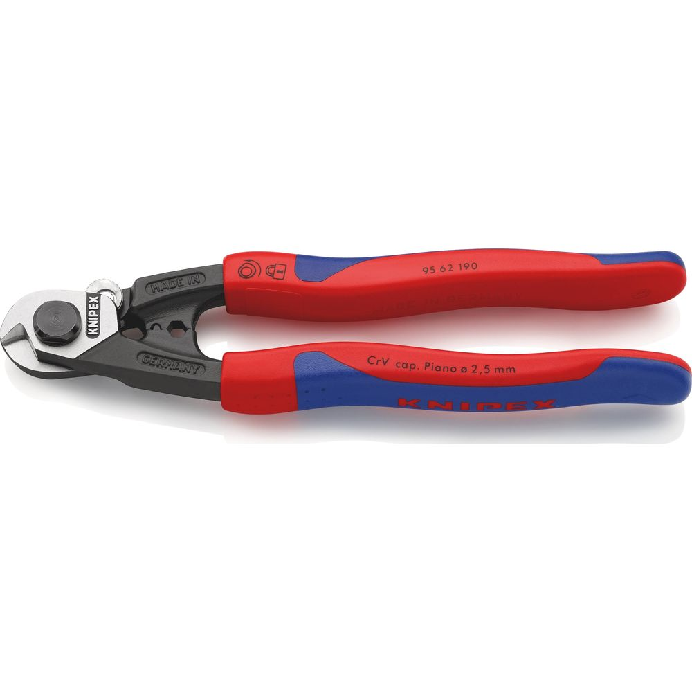 Red and blue handled wire cutters with silver cutting edge and labeling.