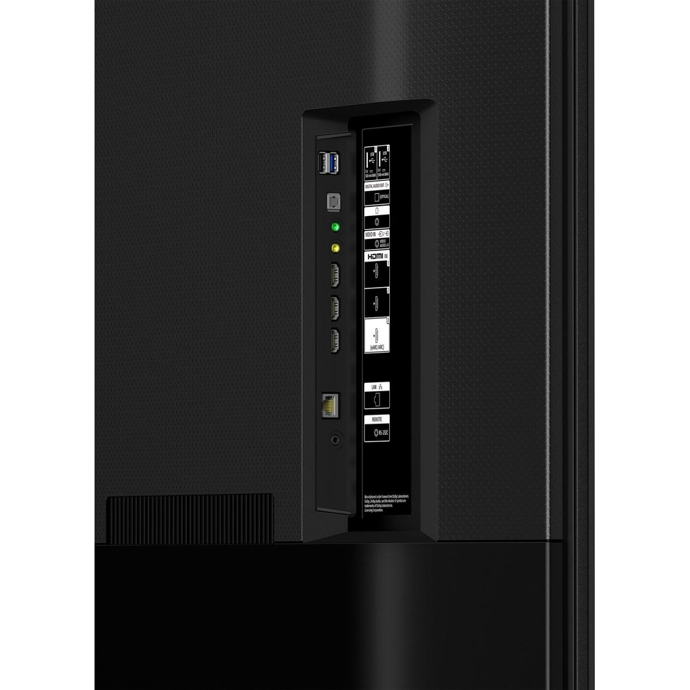 Rückseite eines Fernsehgeräts mit Anschlüssen: USB, HDMI, LAN, optisch.