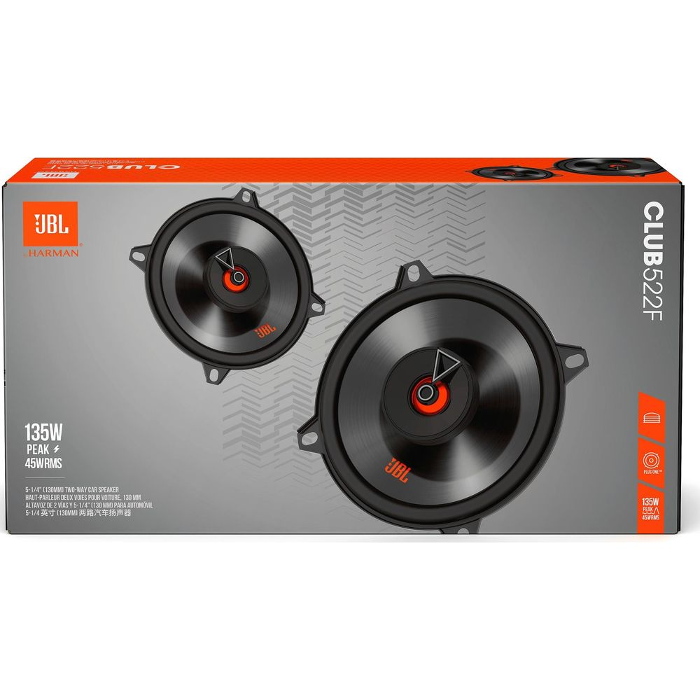Verpackung mit zwei JBL 5-1/4 Zoll Autolautsprechern, 135W Spitzenleistung.