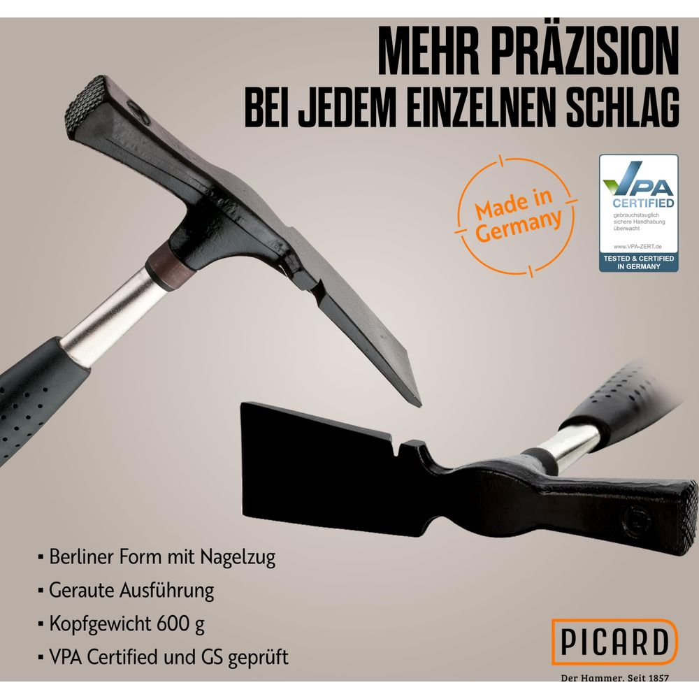 Dwa czarne młotki, jeden z obciągaczem do gwoździ. Certyfikat Made in Germany.