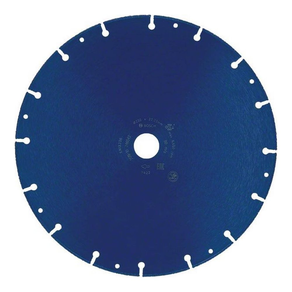 Niebieska tarcza tnąca z różnymi specyfikacjami i centralnym otworem.