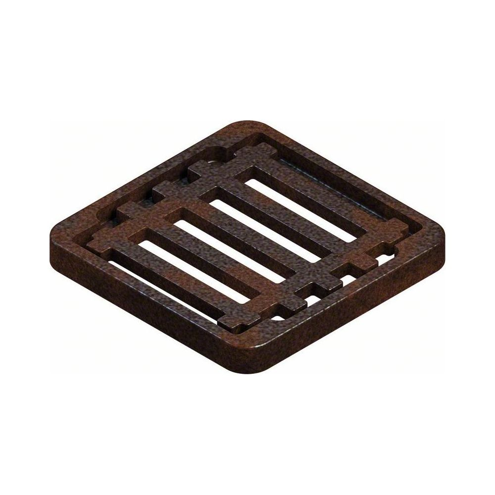 Zardzewiała, prostokątna metalowa krata z równoległymi szczelinami.