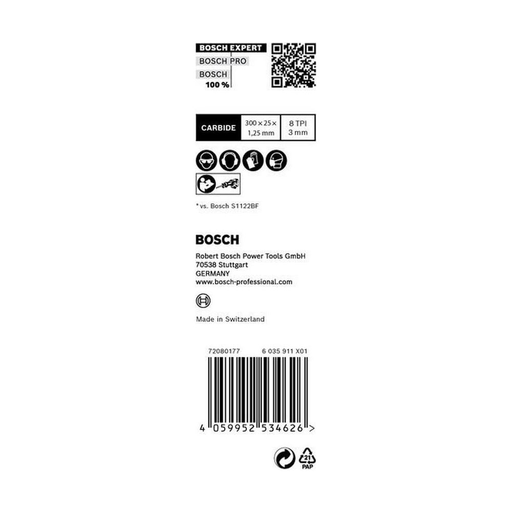 Bosch Expert Sägeblatt: 300x25x1,25mm, 8 TPI, 3mm. Made in Switzerland.