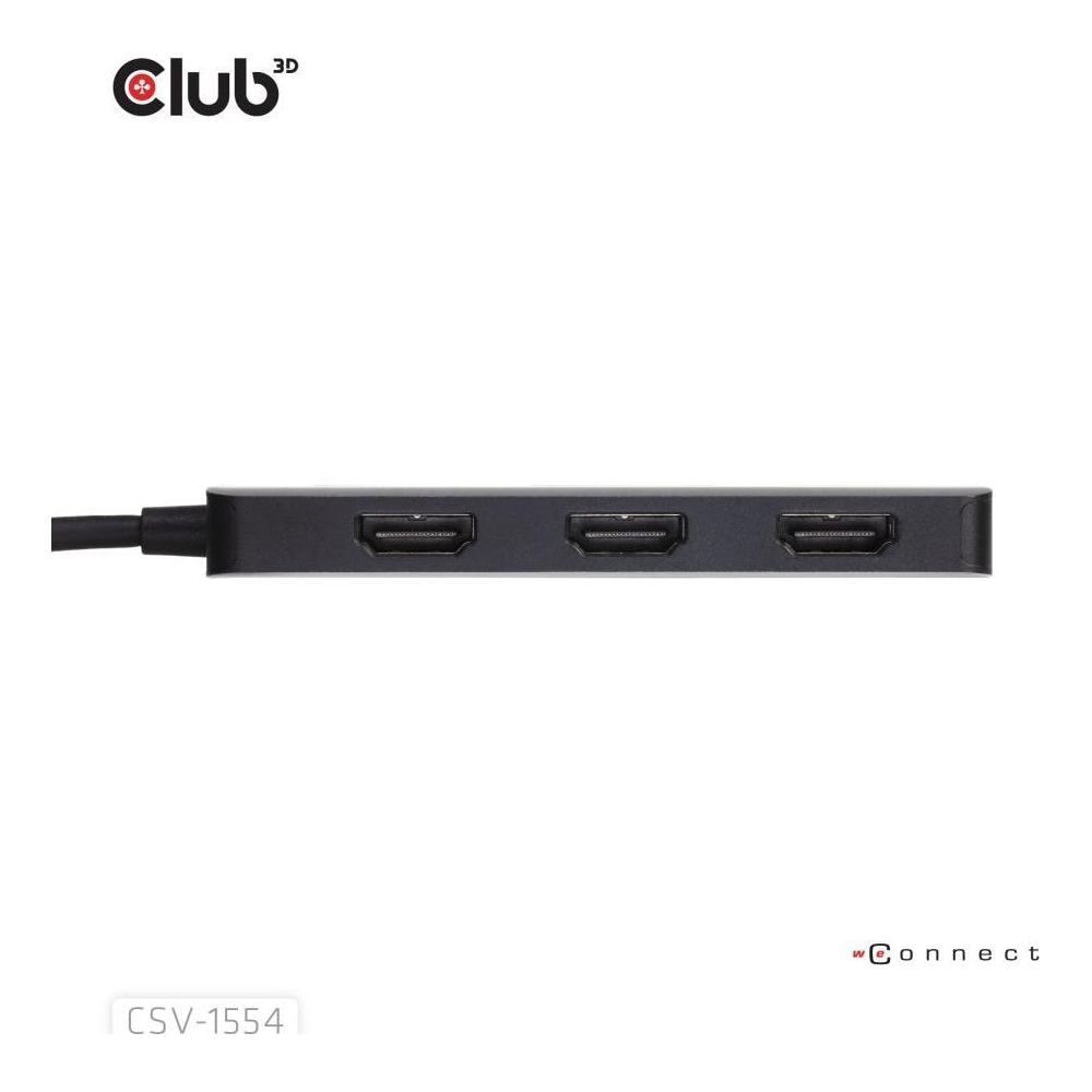 Un adattatore nero con tre porte HDMI e un cavo.