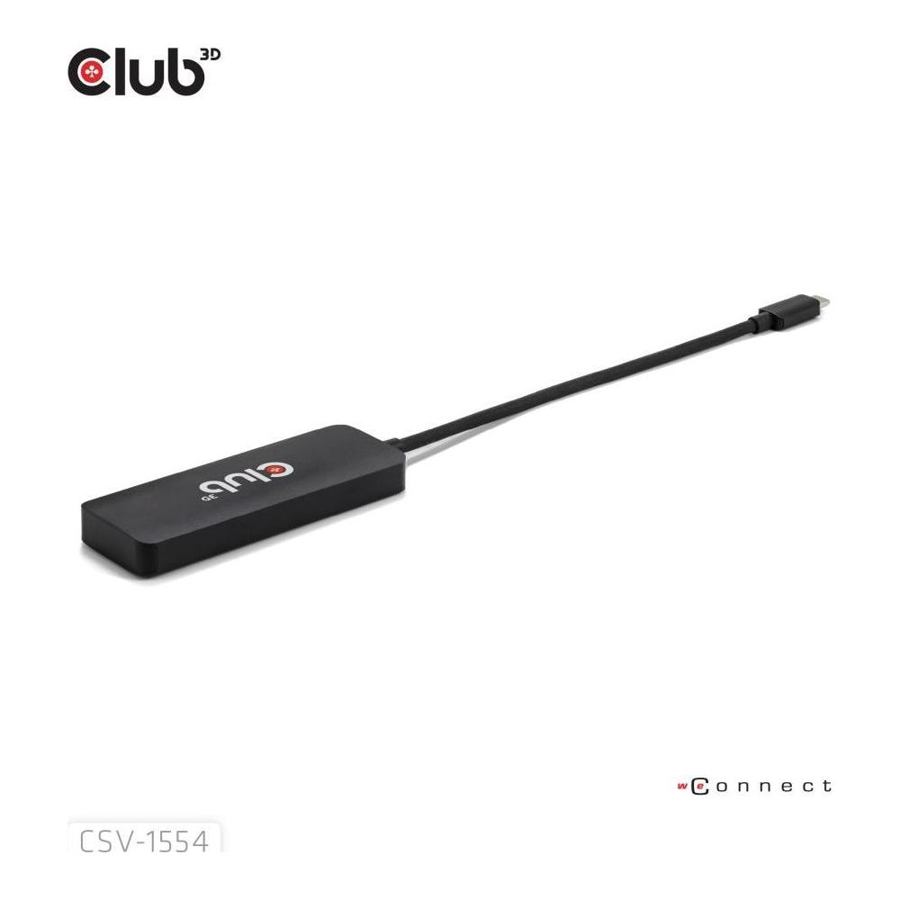 Un adattatore nero con cavo e connettore USB-C su sfondo bianco.