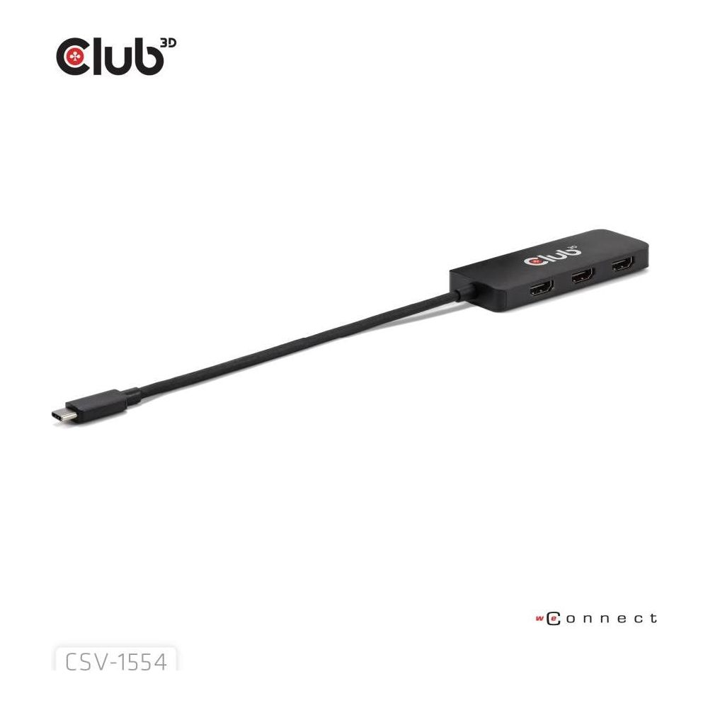 Un adattatore USB-C nero con tre porte HDMI e un cavo.