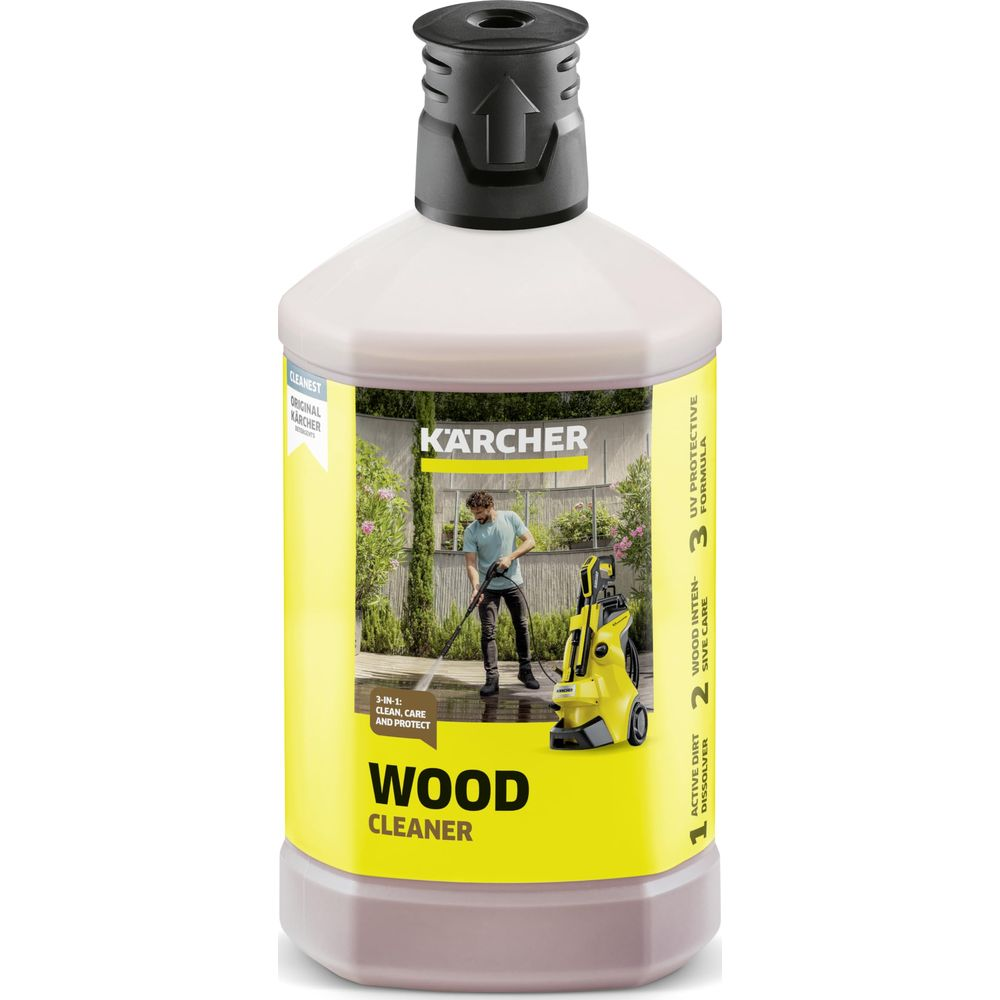 Flacone detergente per legno Kärcher con immagine di uomo e idropulitrice.