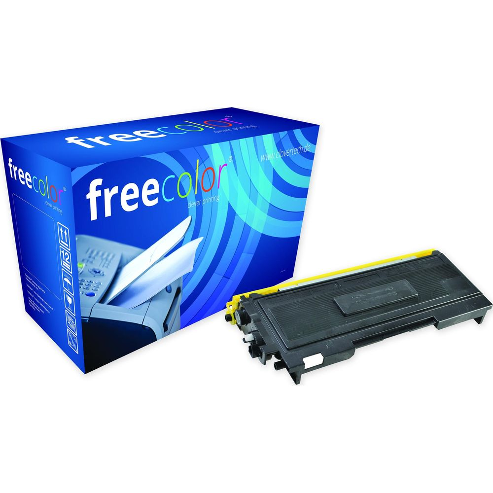 Un toner giallo e nero accanto a una scatola blu con l'immagine di una stampante.
