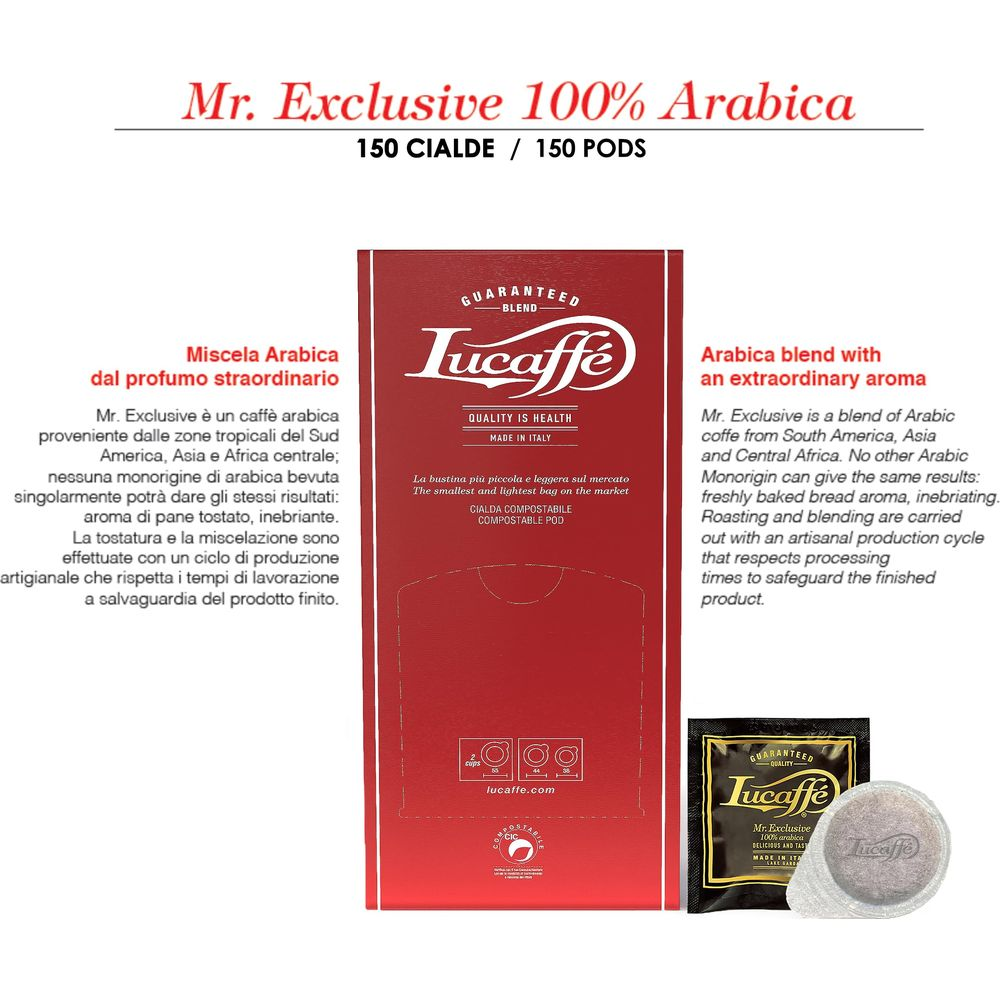 Mr. Exclusive 100% Arabica Kaffee, 150 Pads. Rote Packung mit Lucaffé Logo und Text.