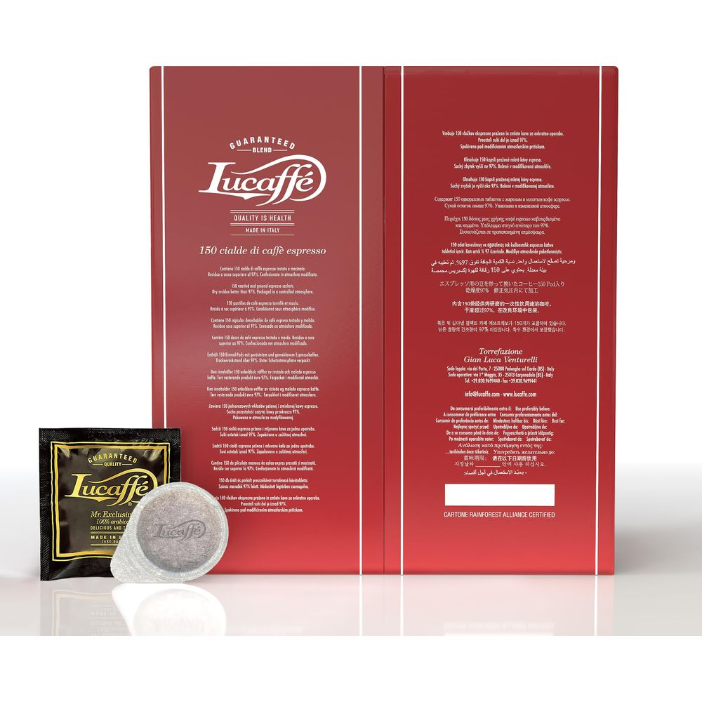 Lucaffé Espresso Kaffeepads in Verpackung und einzeln. Rainforest Alliance Zertifizierung.