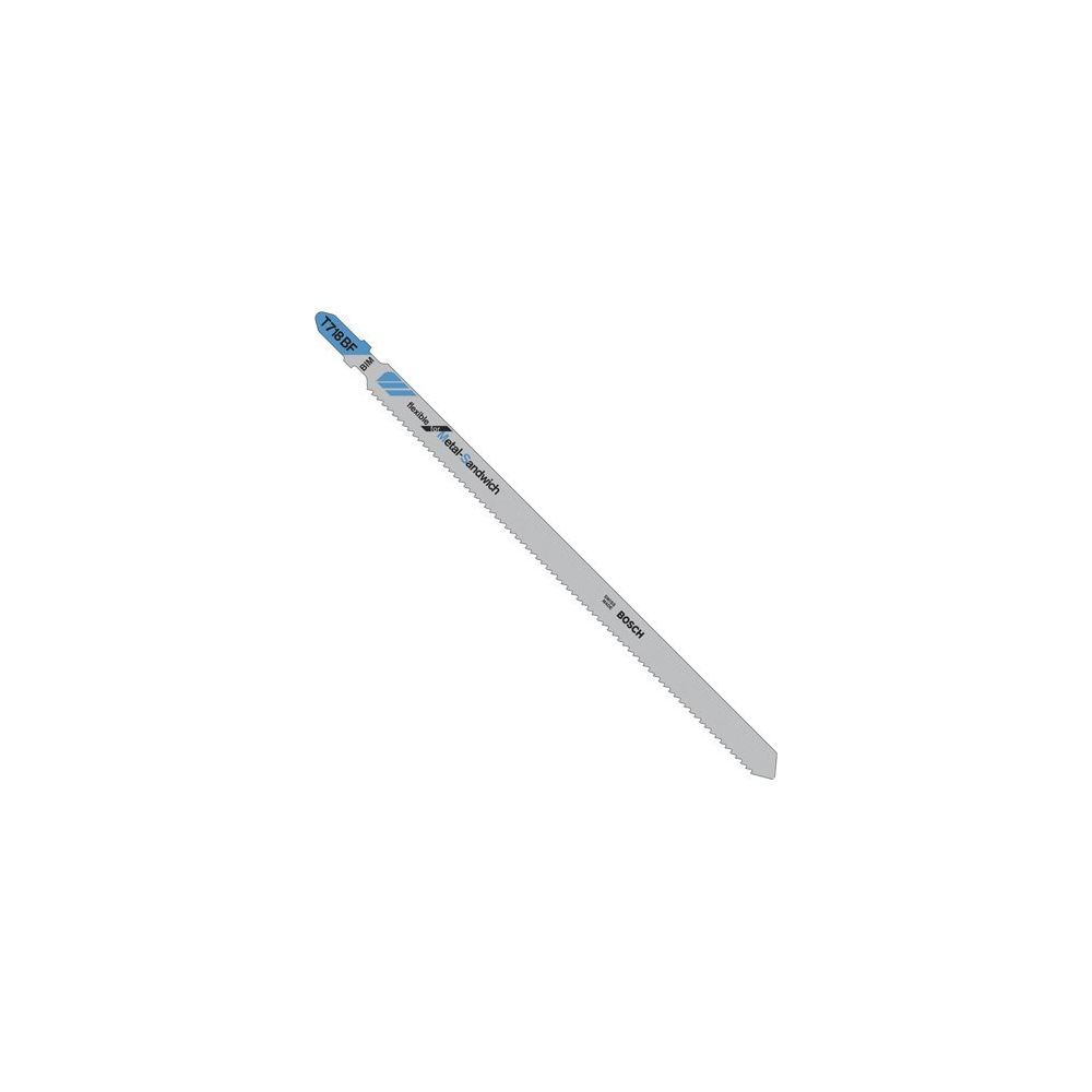 Brzeszczot do wyrzynarki metalowy z zębami i logo Bosch, na białym tle.