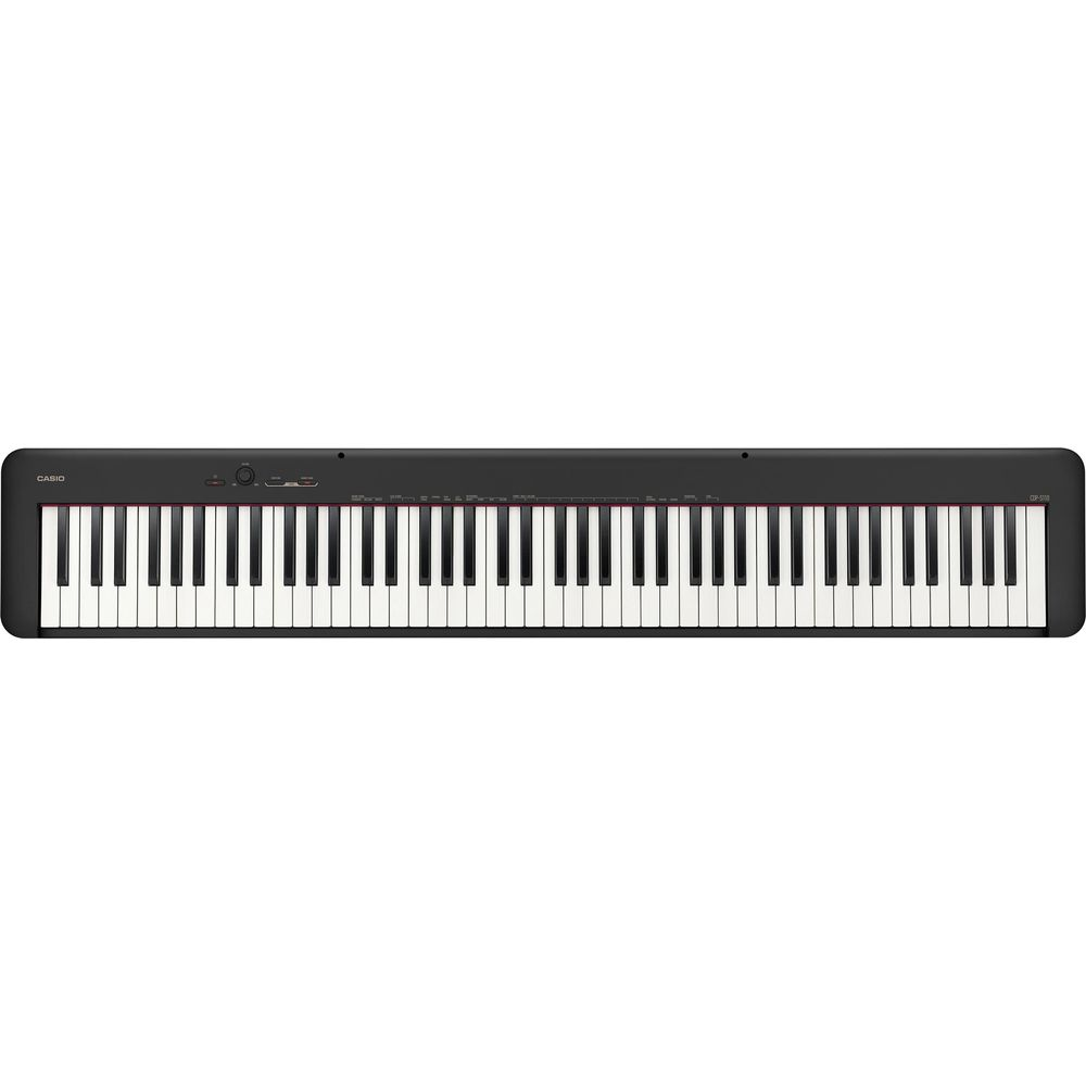 Ein schwarzes, schlankes Keyboard mit weißen und schwarzen Tasten.