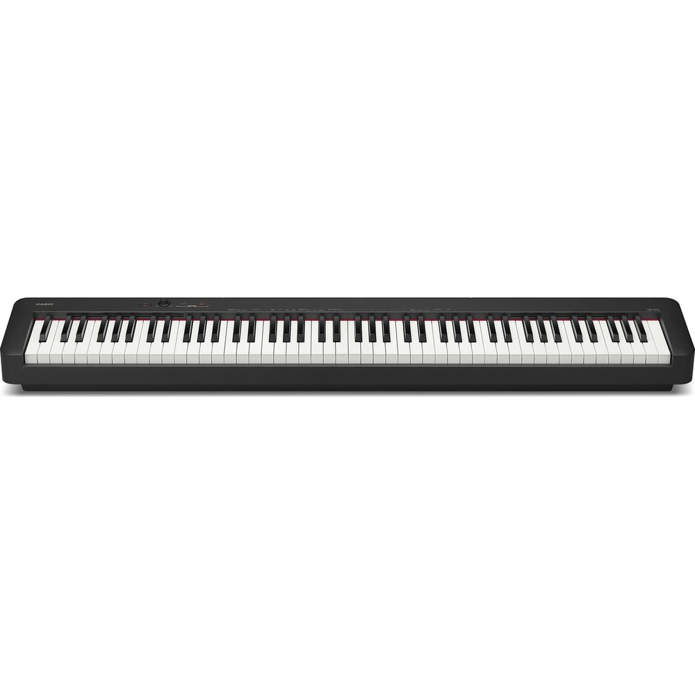 Ein schwarzes Digitalpiano mit weißen und schwarzen Tasten, freigestellt auf weißem Hintergrund.