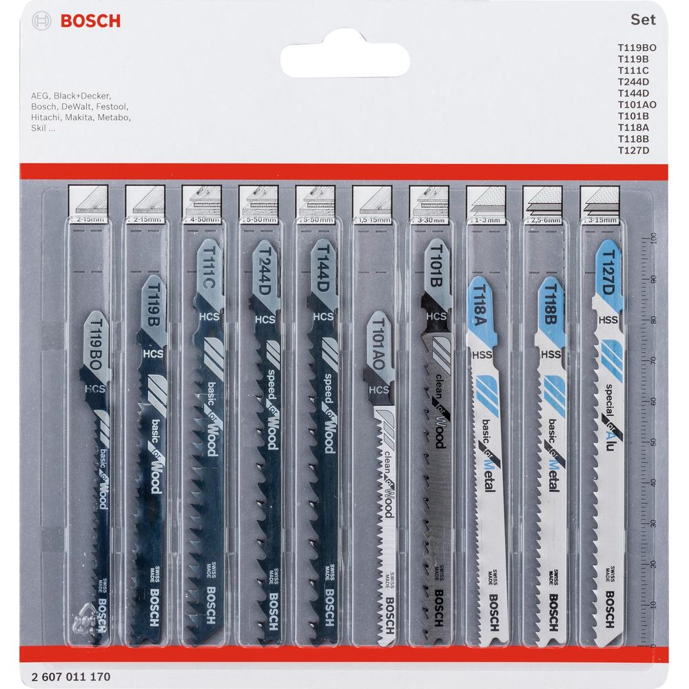 Eine Reihe von Bosch Stichsägeblättern für Holz und Metall.