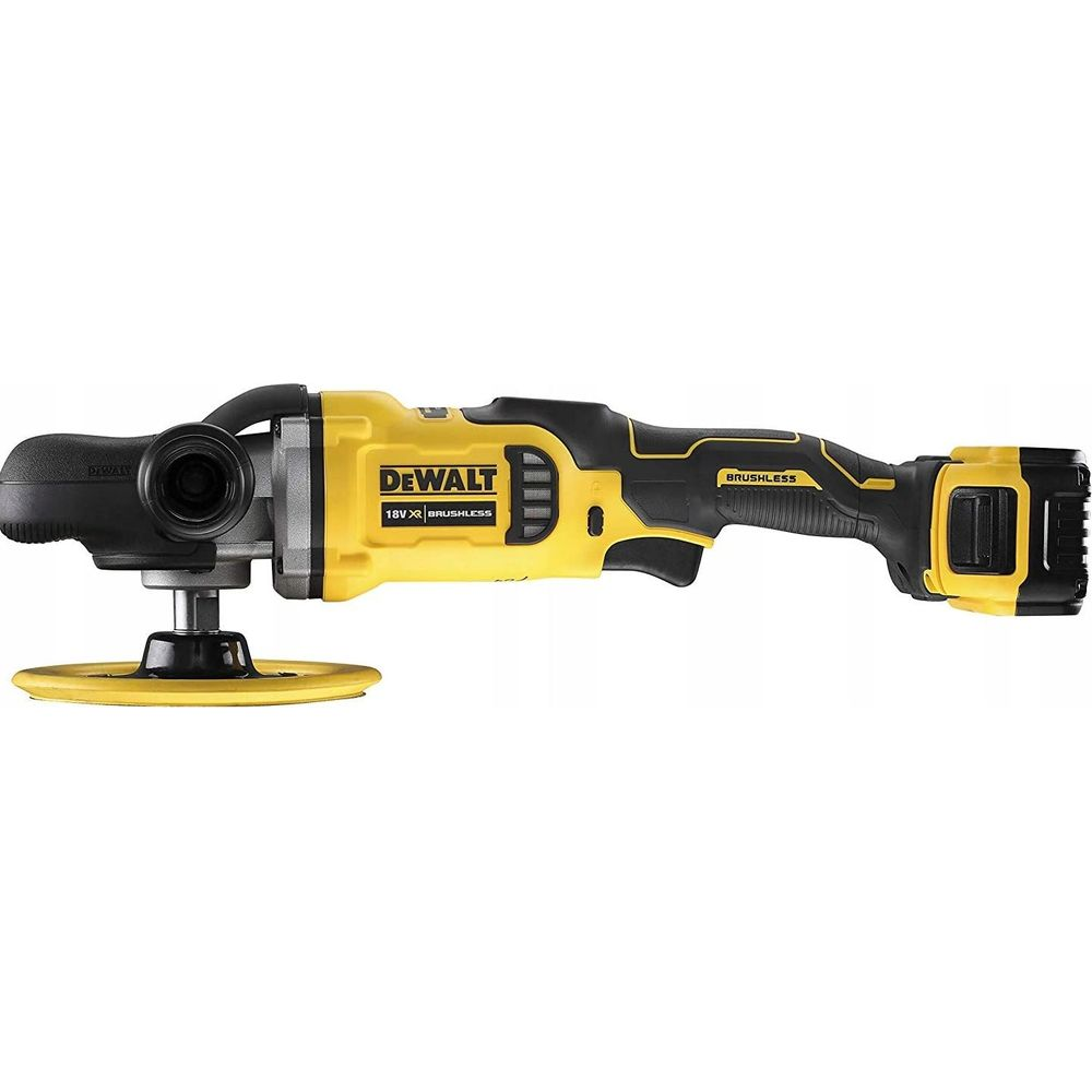 Lucidatrice cordless DeWalt gialla e nera con tecnologia brushless e batteria da 18V.