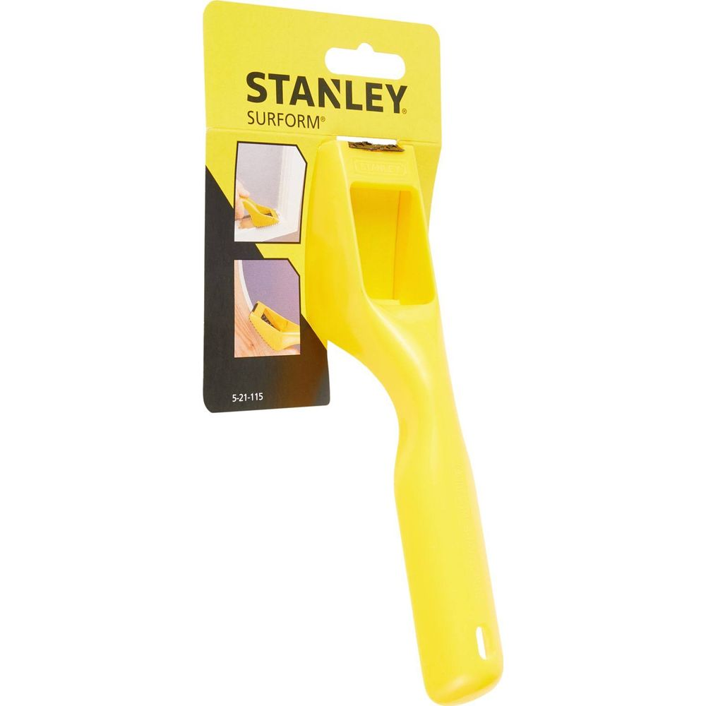 Ein gelber Stanley Surform-Raspel mit zwei kleinen Bildern, die seine Anwendung zeigen.