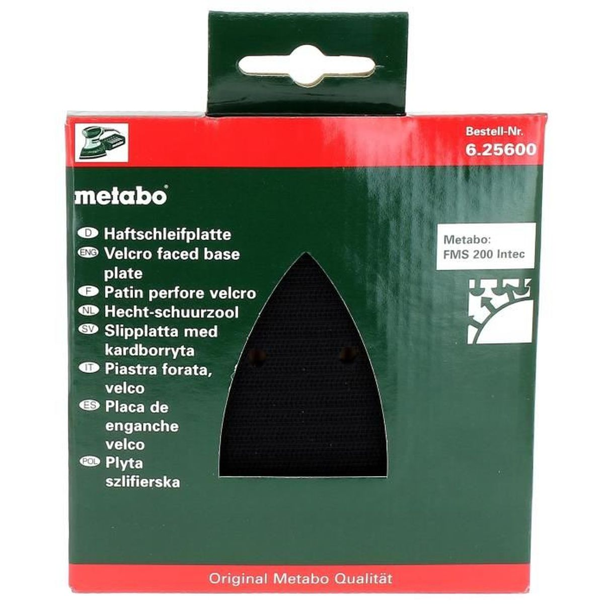 Verpakking voor Metabo klittenband zoolplaat met meertalige tekst.