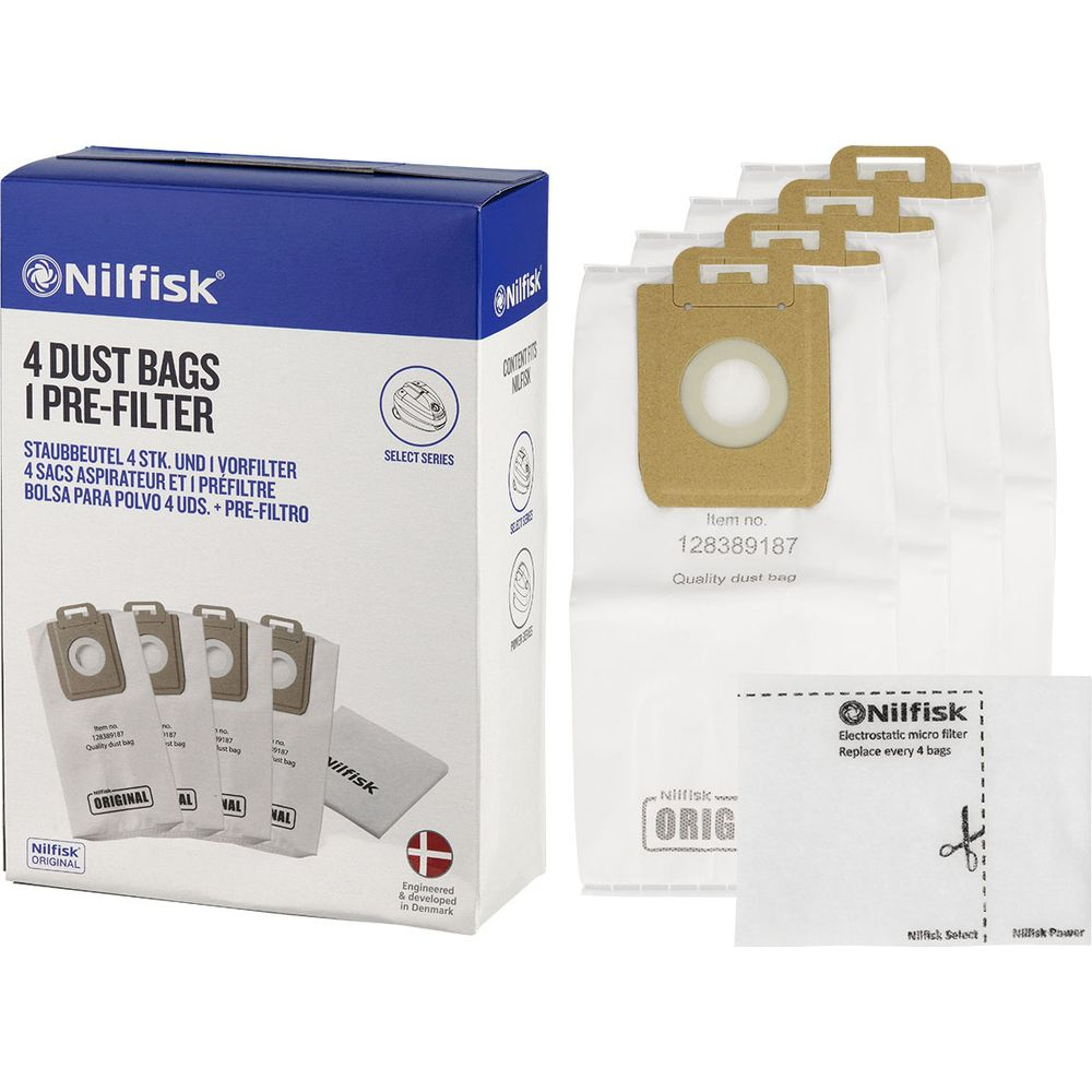 Nilfisk Staubbeutel und Vorfilter-Verpackung mit vier einzelnen Beuteln und einem Filter.