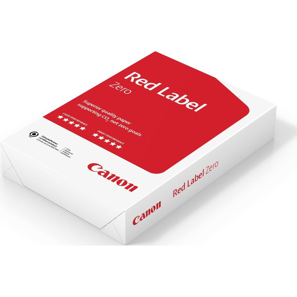 Canon Red Label Zero Papierpackung mit roten und weißen Details.