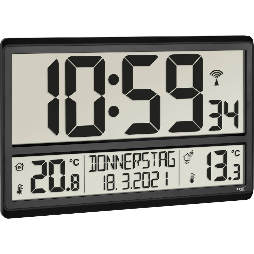 Digitale Uhr zeigt 10:59, 20.8°C innen, 13.3°C außen, Donnerstag, 18.3.2021.