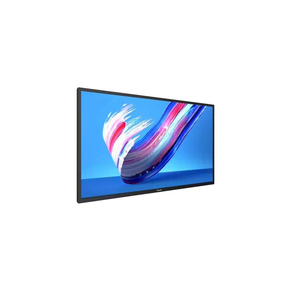 Nowoczesny telewizor z abstrakcyjnym wirującym wzorem kolorów na niebieskim tle.