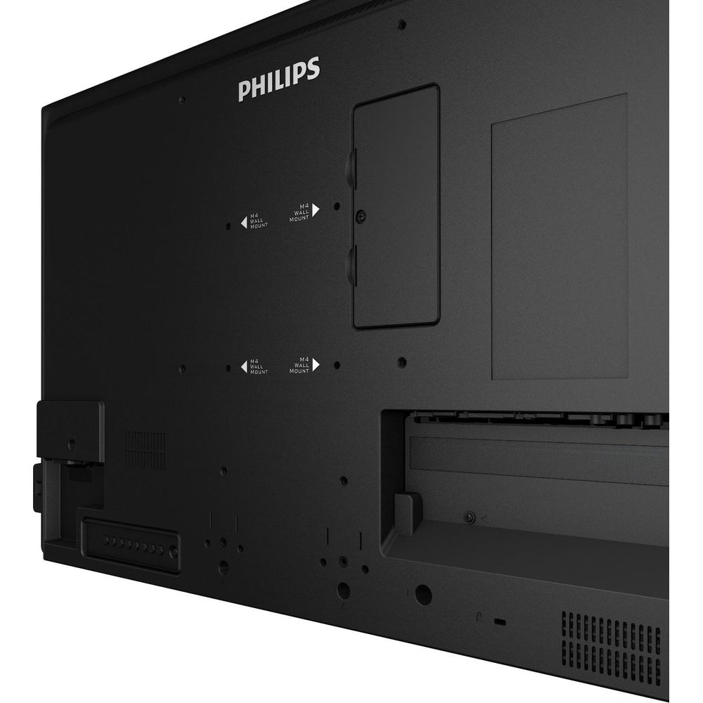 Rückseite eines schwarzen Fernsehers mit Philips-Logo und Wandhalterungspunkten.