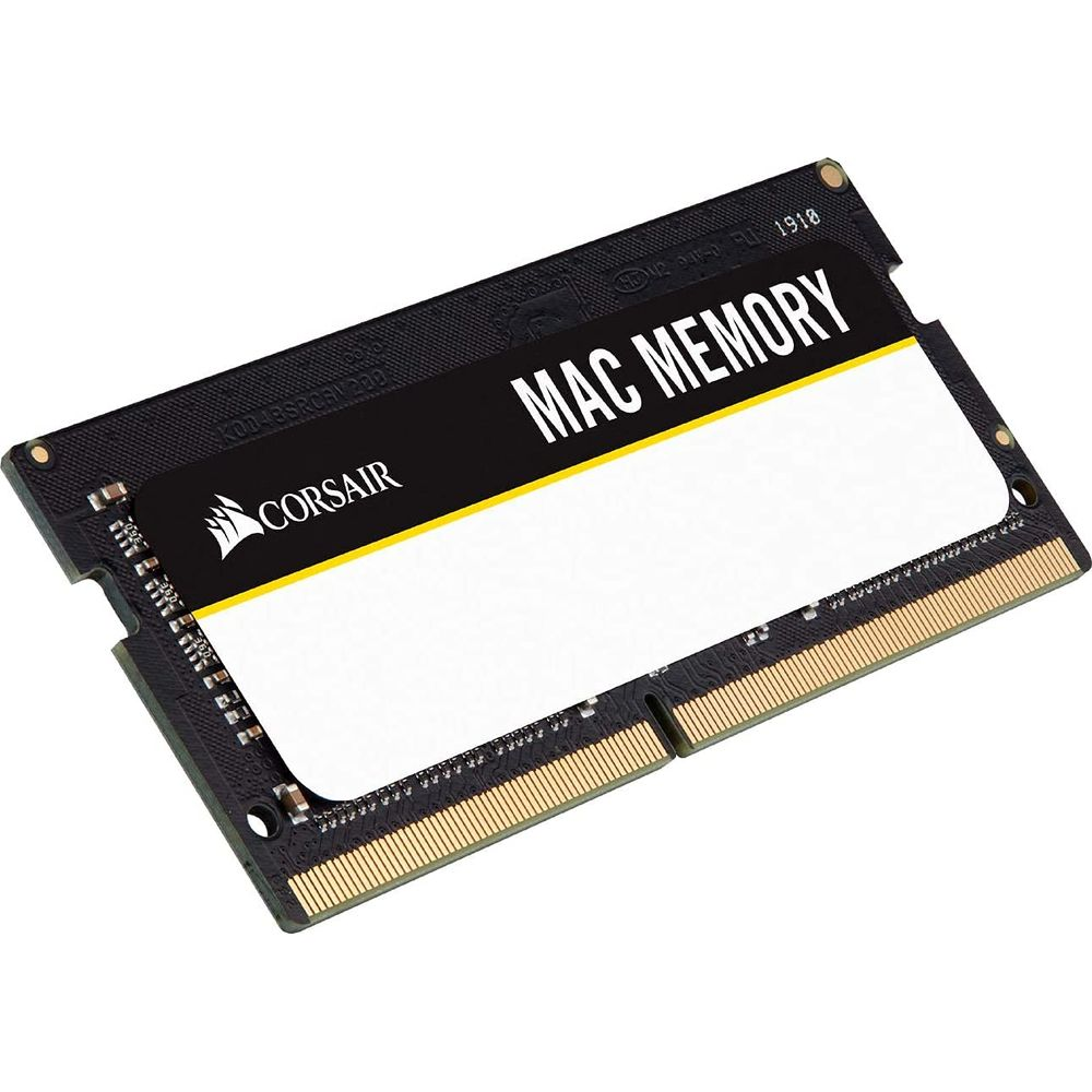 Ein Corsair Mac Memory Riegel mit gelbem Streifen und weißem Etikett.