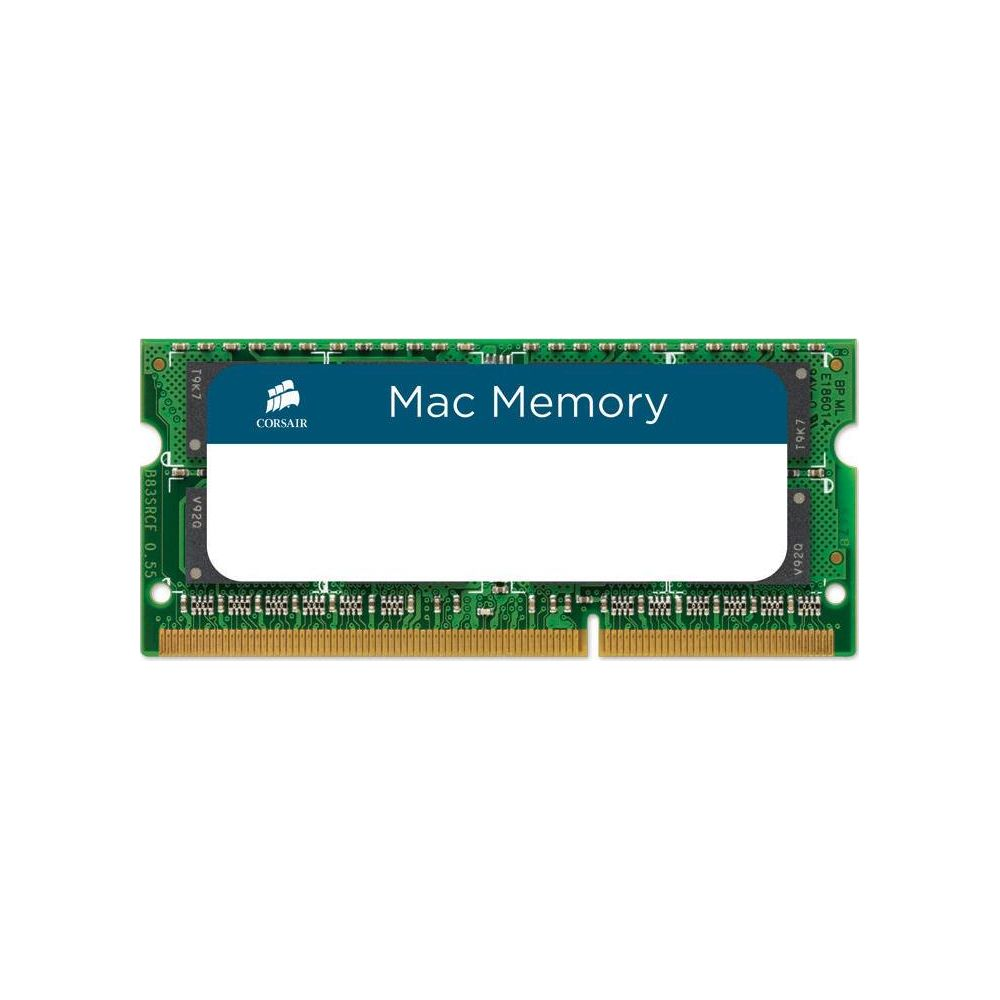 Ein grünes RAM-Modul mit der Aufschrift "Mac Memory" und Corsair-Logo.