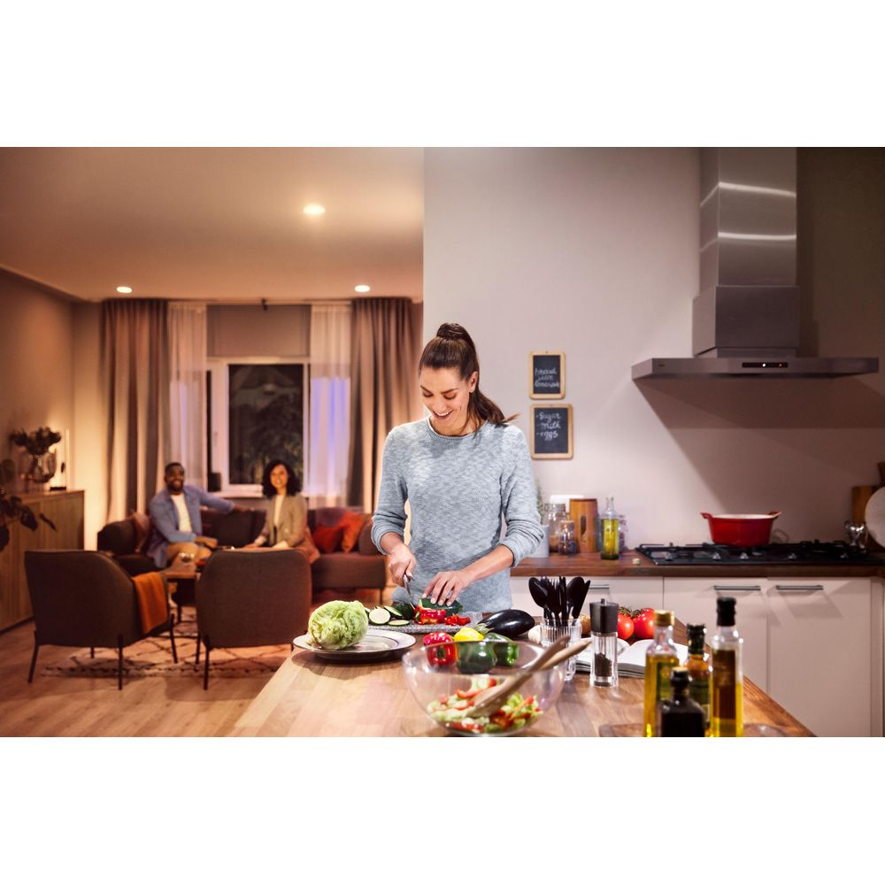 Eine Frau schneidet Gemüse in einer Küche, während zwei Personen im Wohnzimmer sitzen.