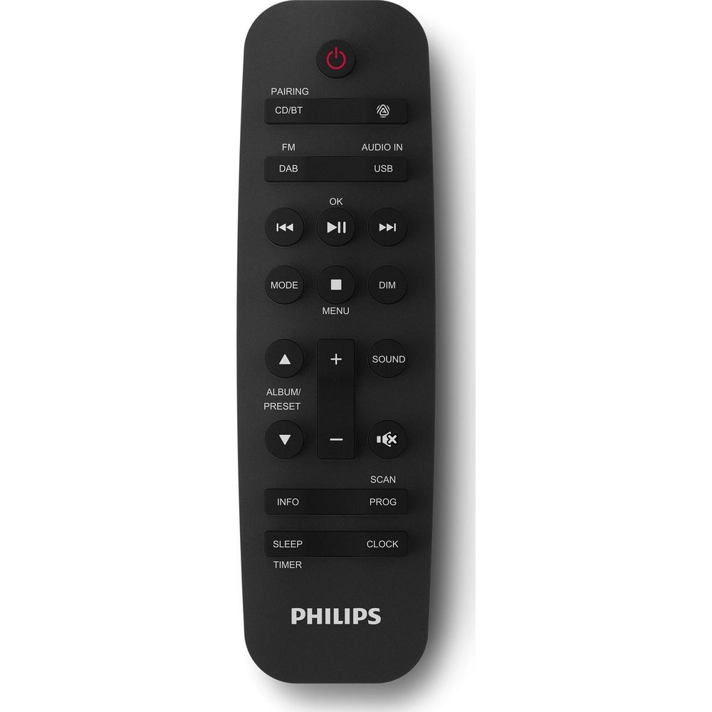 Schwarze Philips Fernbedienung mit Tasten für Pairing, CD/BT, FM, DAB, USB.