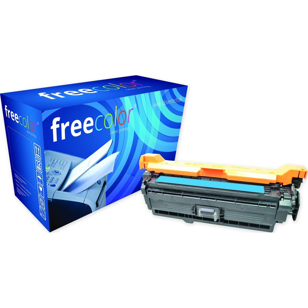 Una scatola blu con logo "freecolor" accanto a una cartuccia toner arancione e nera.