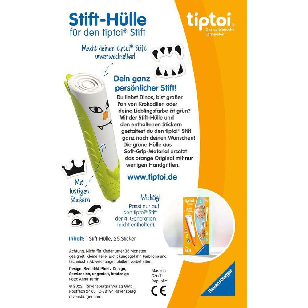 Grüne tiptoi Stifthülle mit Stickern, die den Stift personalisieren.