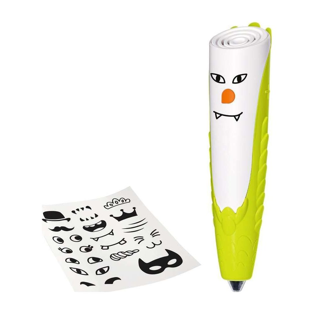 Ein Stift mit aufgemaltem Gesicht neben einem Blatt mit Aufklebern von Augen, Hüten und Mündern.