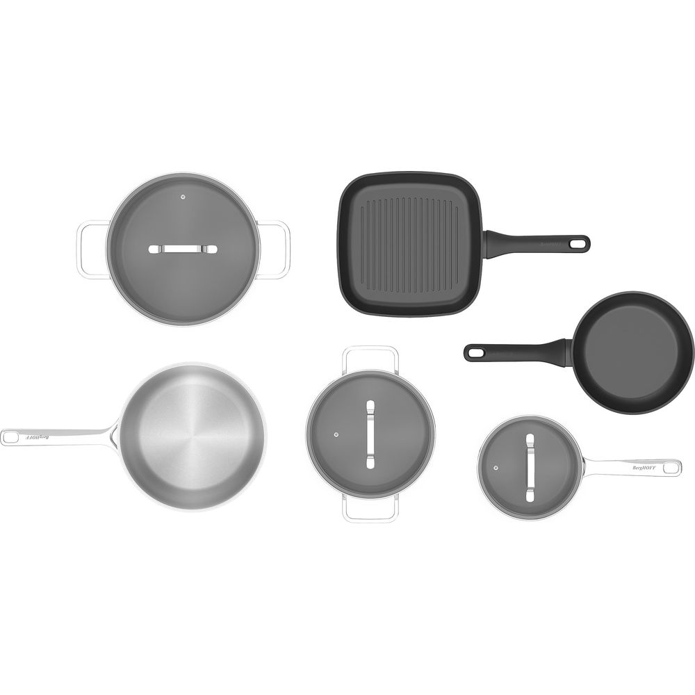 Various cookware, pots and pans, shown from different angles.