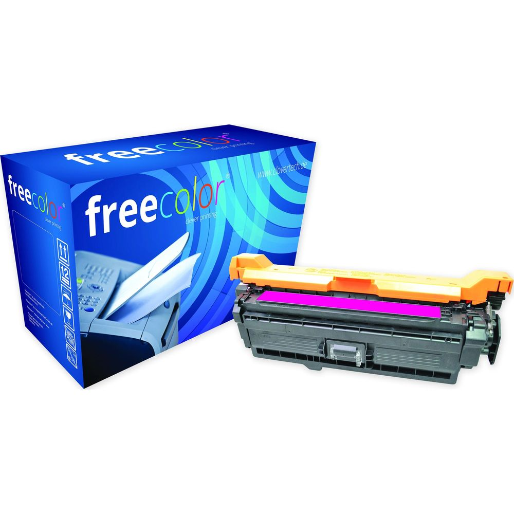 Cartuccia toner arancione e grigia con toner fucsia accanto a una scatola blu "freecolor".