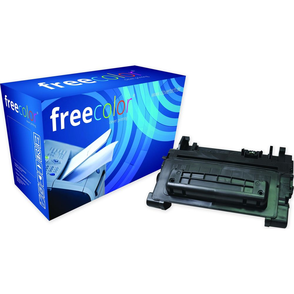 Una cartuccia toner per stampante accanto a una scatola blu con marchio.