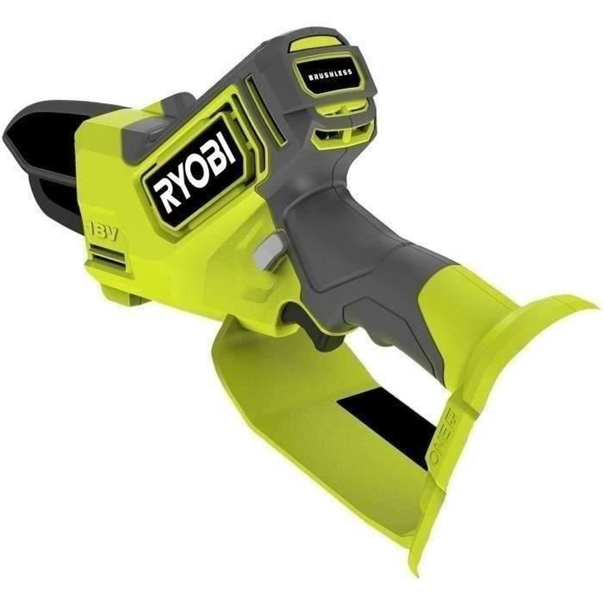 Grüner und grauer Ryobi Akku-Trimmer mit gelbem Schutzschild und schwarzem Griff.