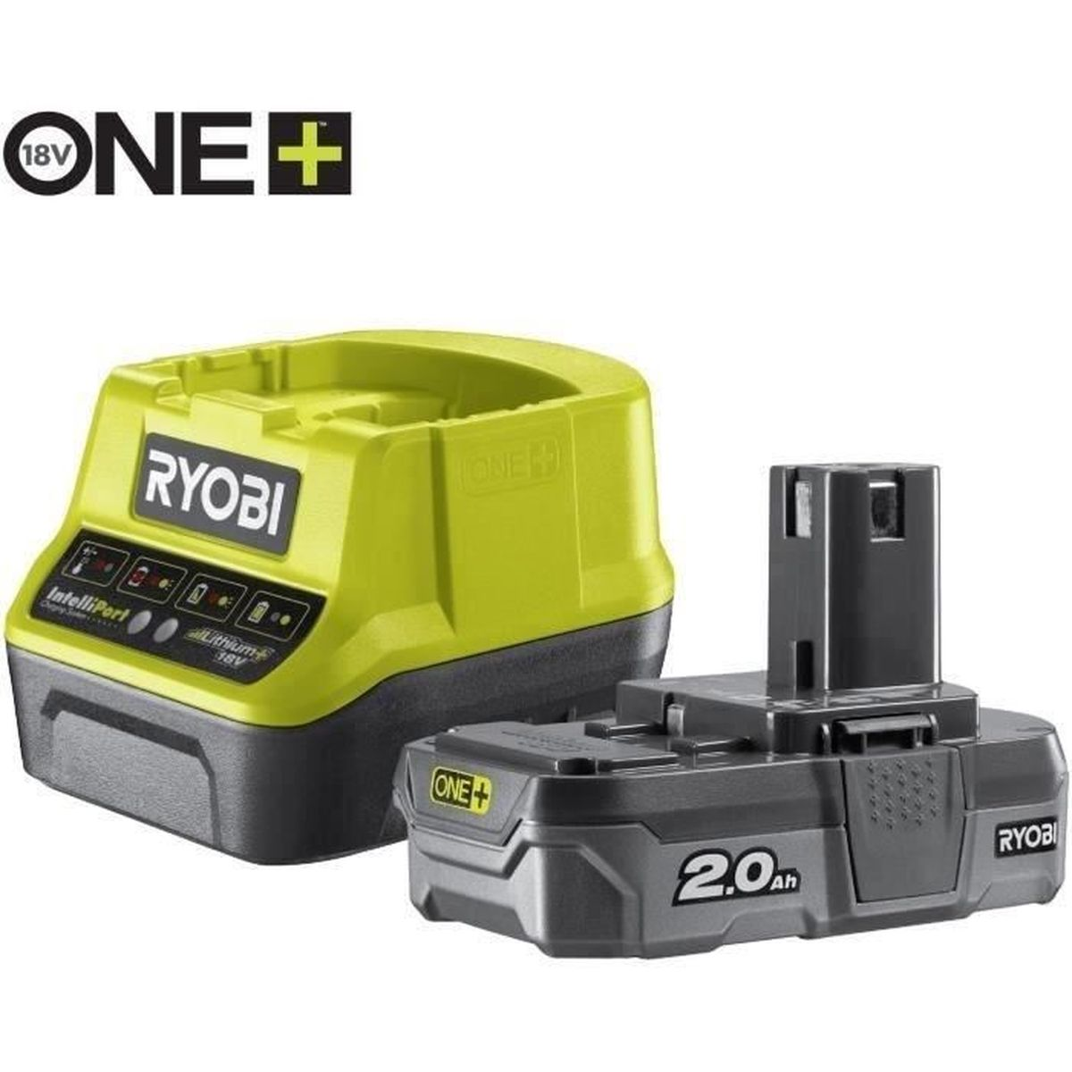 Ein Ryobi 18V One+ Ladegerät und ein 2.0Ah Akku.