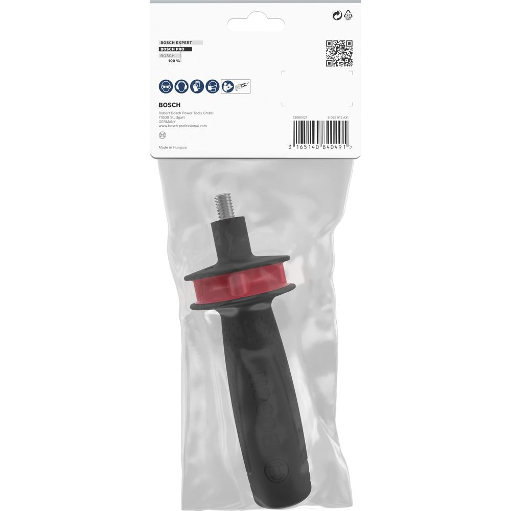 Schwarzer Bosch Griff mit rotem Ring in Plastikverpackung. Gewinde oben.