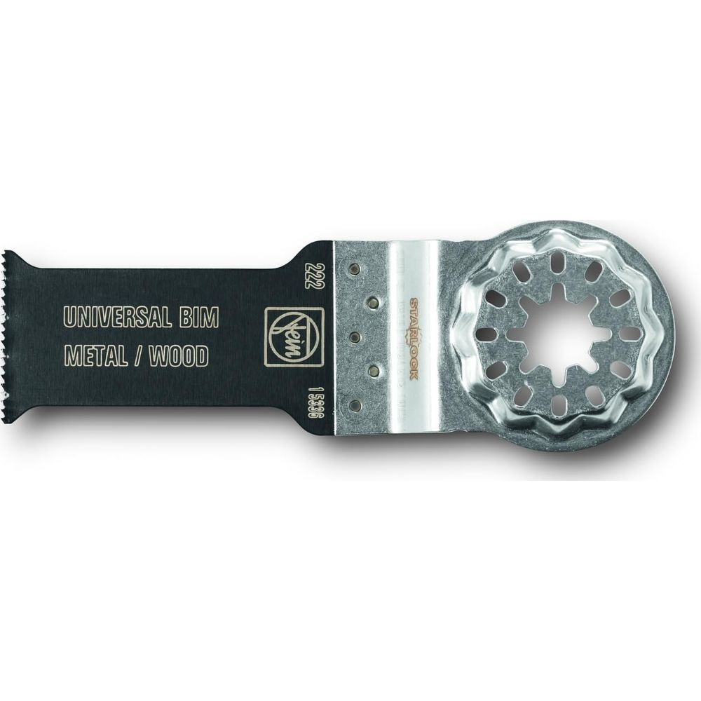 Schwarzes Sägeblatt mit Metall- und Holzsymbolen und Sternverriegelungsadapter.