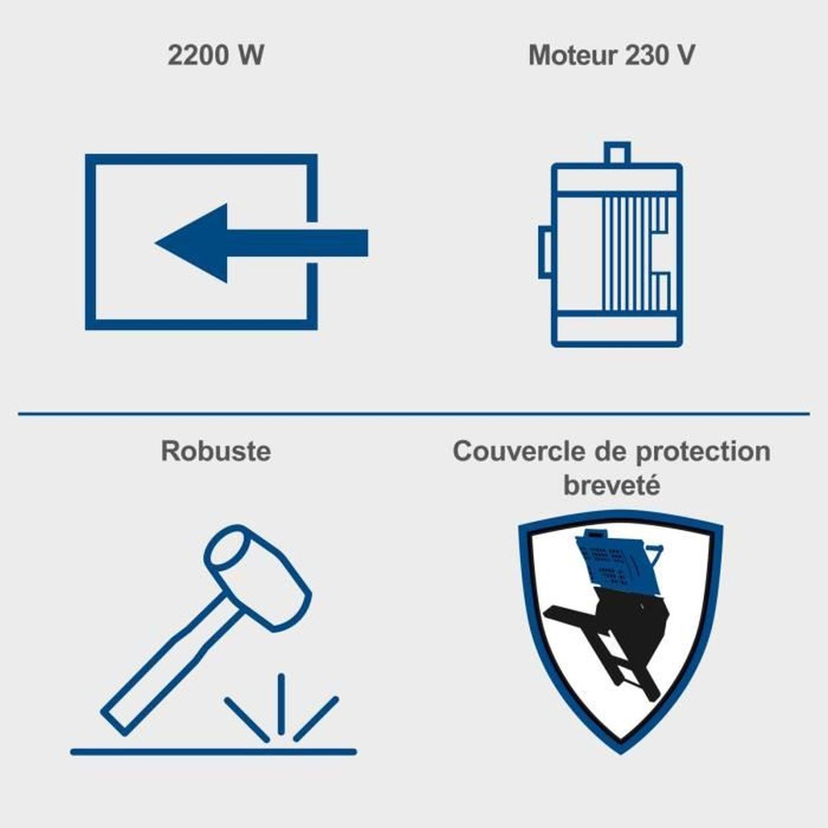 Diagram toont 2200W vermogen, 230V motor, robuuste constructie met hamer en beschermkap.