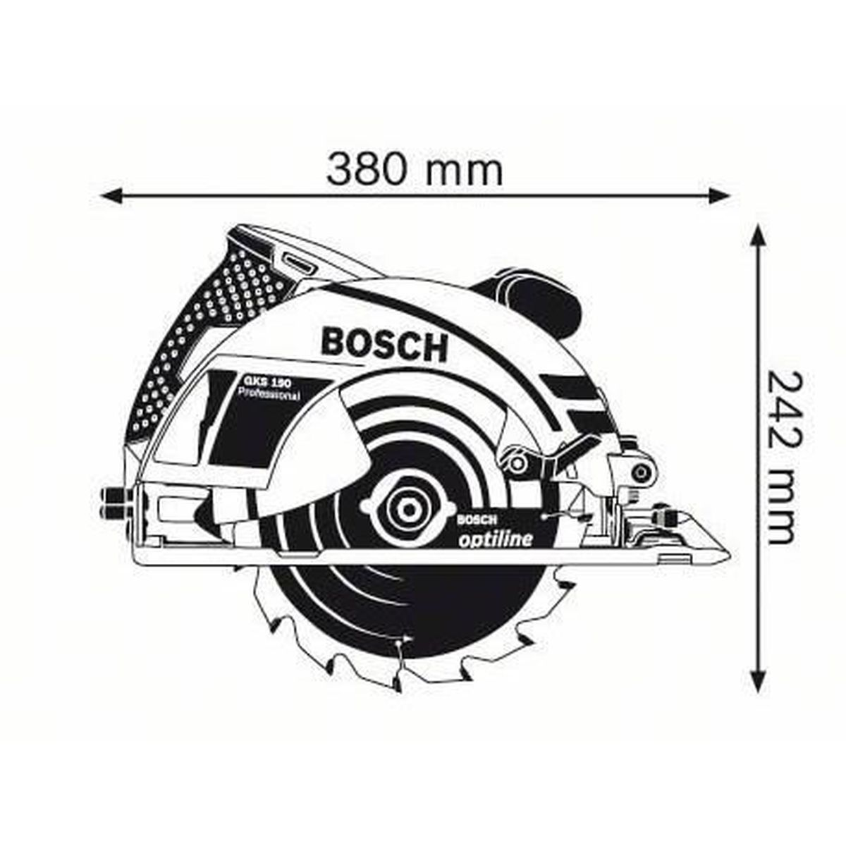 Detailzeichnung einer Bosch Kreissäge, 380 mm breit und 242 mm hoch.